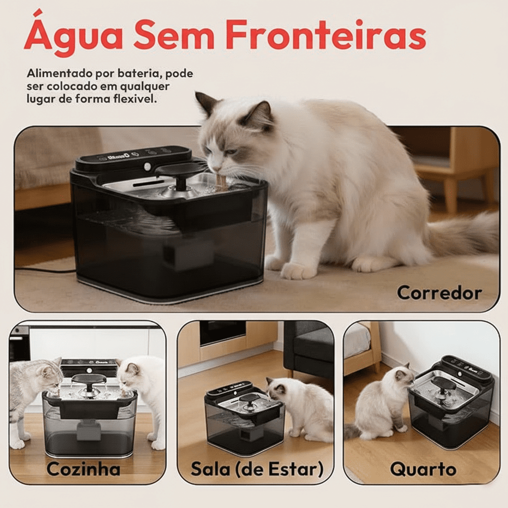 Bebedouro Inteligente para Gatos sem fio sendo utilizado na cozinha, sala e quarto graças à bateria flexível