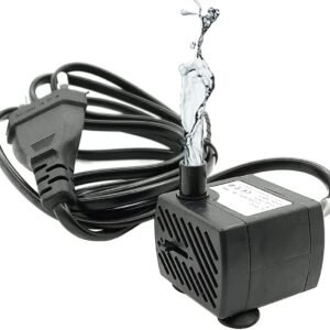 Bomba submersa compacta bivolt para bebedouro pet e aquário com regulagem de vazão.