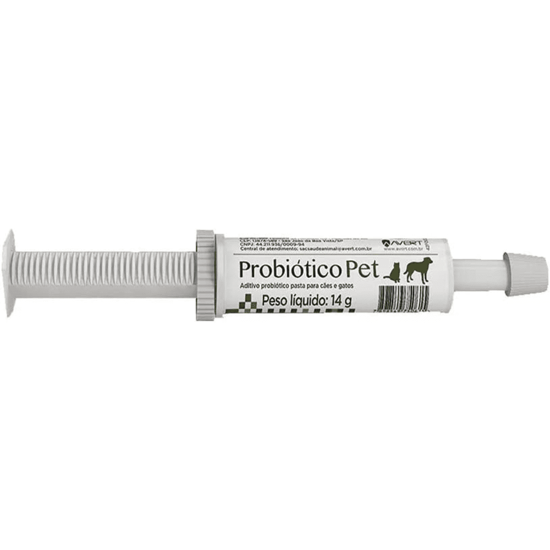 Seringa de Probiótico Pet Avert 14g, aditivo probiótico em pasta para cães e gatos.
