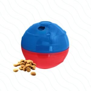 Brinquedo Pet Games Pet Ball azul e vermelho com abertura para petiscos e ração.