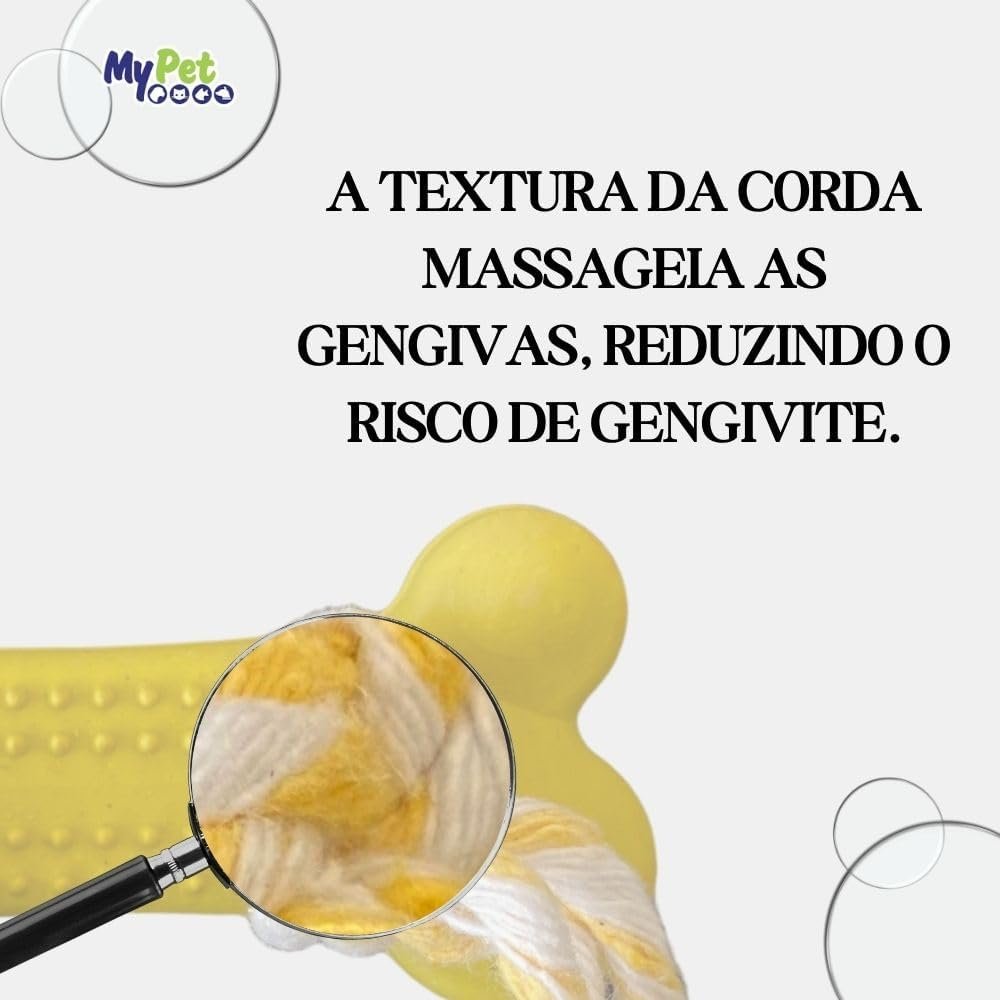 Brinquedo Mordedor de Borracha em formato de osso vermelho com cordas nas pontas para cães.