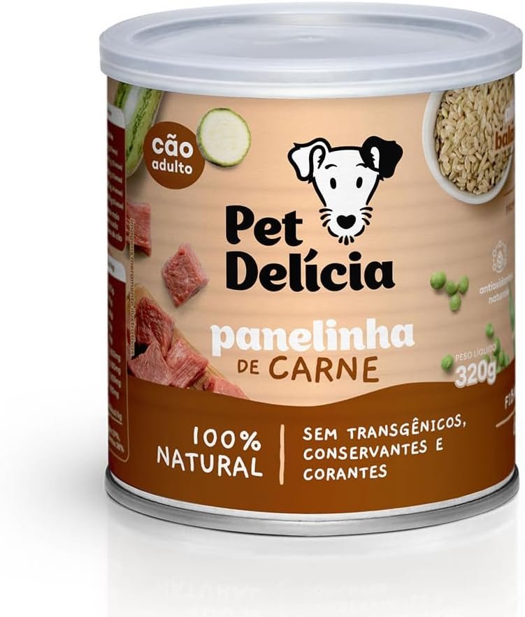Lata de Ração Úmida Pet Delícia sabor Casserole de Carne para cães adultos.