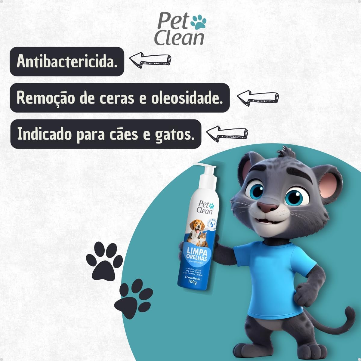 Frasco de Limpador de Orelhas Pet Clean 100ml para cães e gatos com bico dosador.