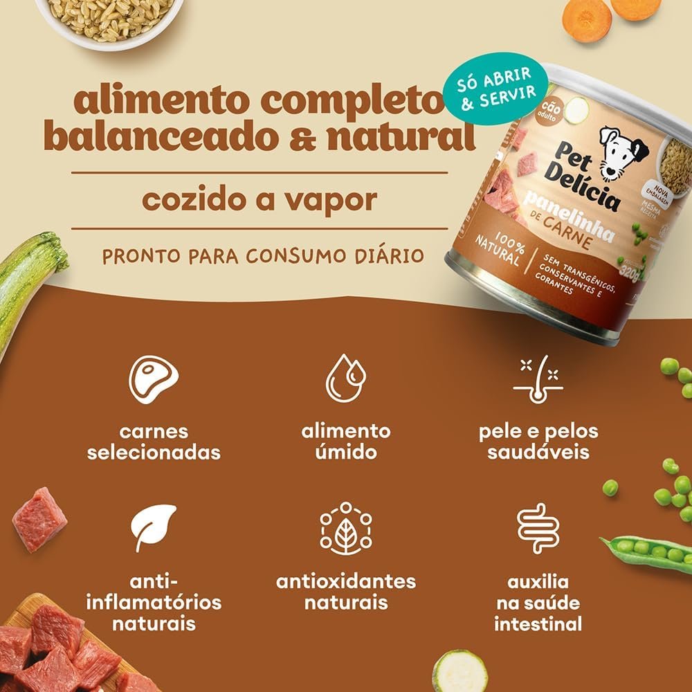 Lata de Ração Úmida Pet Delícia sabor Casserole de Carne para cães adultos.