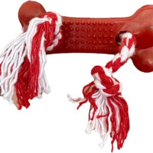 Brinquedo Mordedor de Borracha em formato de osso vermelho com cordas nas pontas para cães.