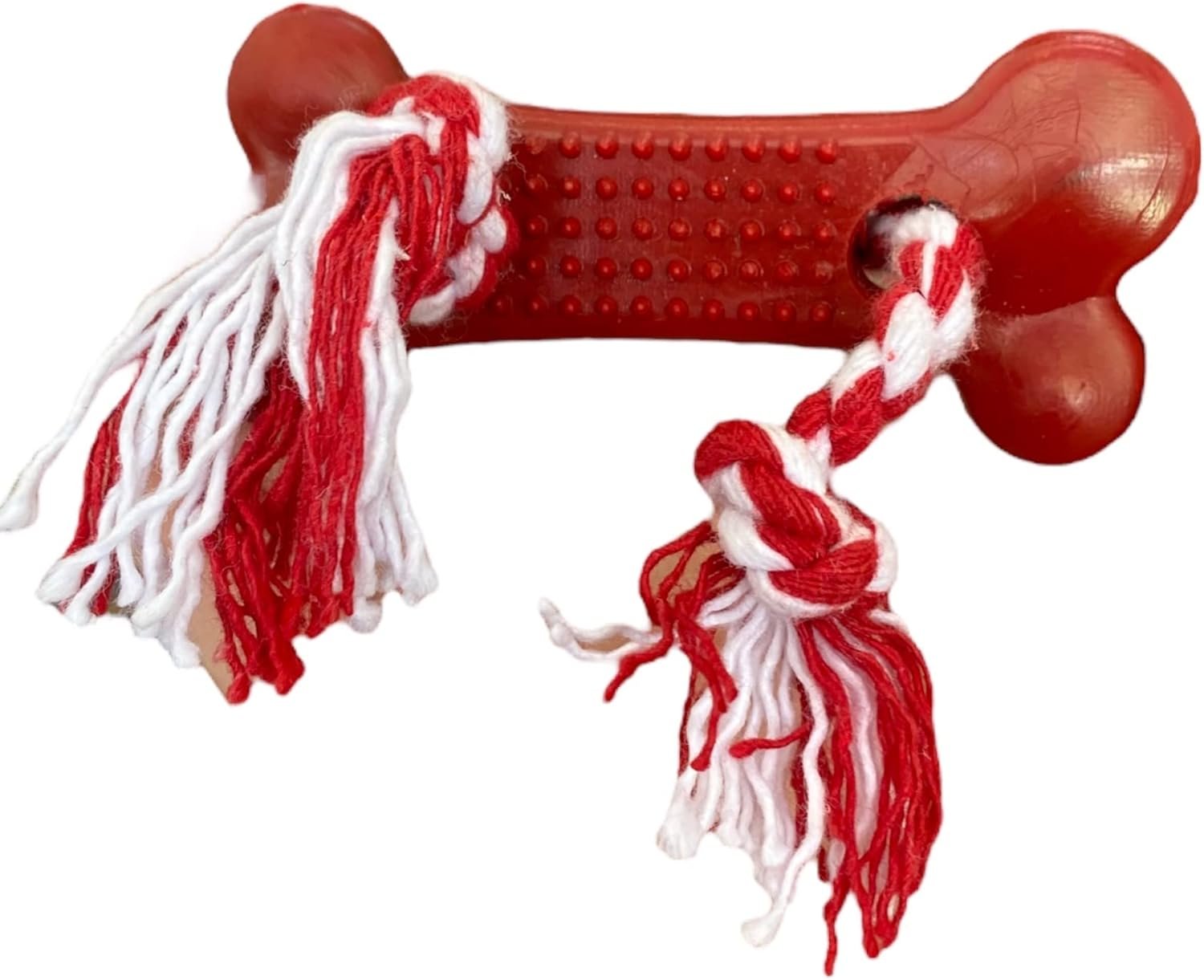 Brinquedo Mordedor de Borracha em formato de osso vermelho com cordas nas pontas para cães.