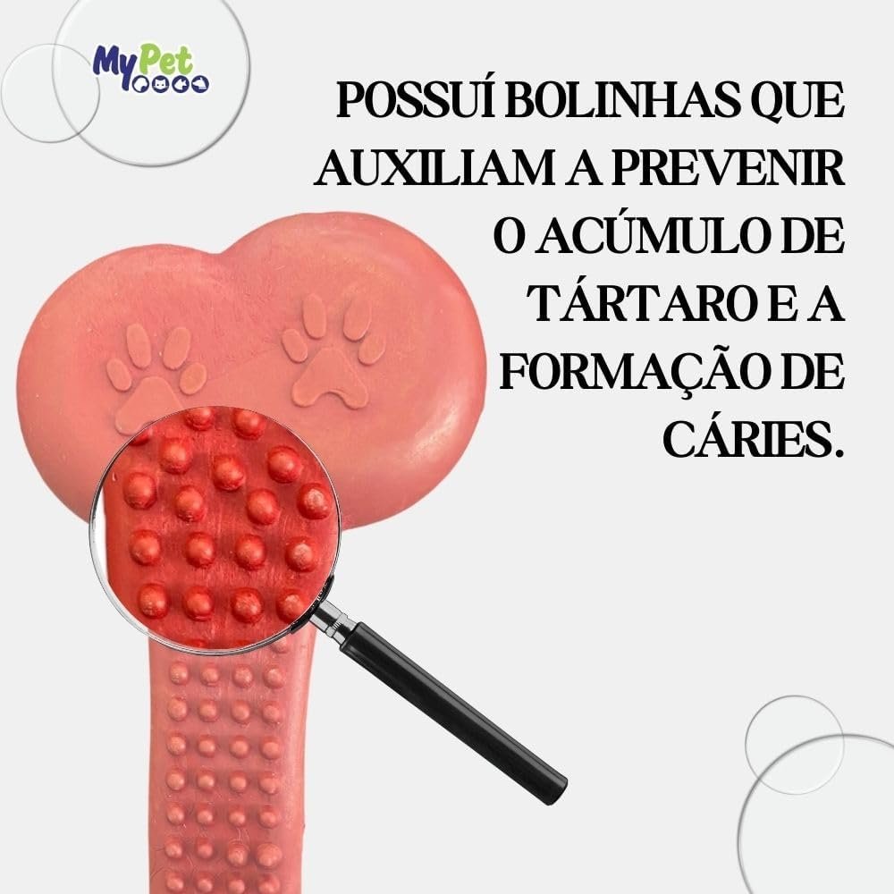 Brinquedo Mordedor de Borracha em formato de osso vermelho com cordas nas pontas para cães.