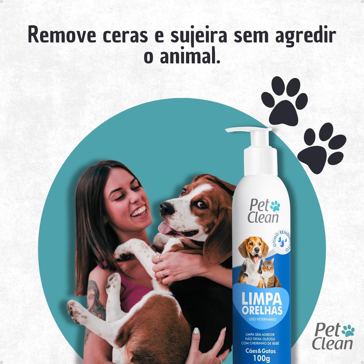 Frasco de Limpador de Orelhas Pet Clean 100ml para cães e gatos com bico dosador.