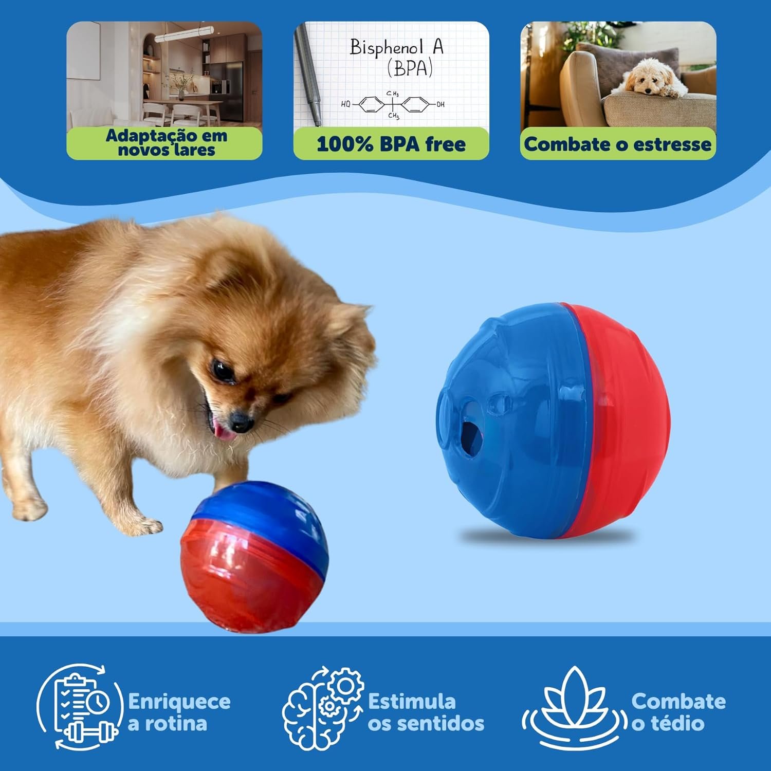 Brinquedo Pet Games Pet Ball azul e vermelho com abertura para petiscos e ração.