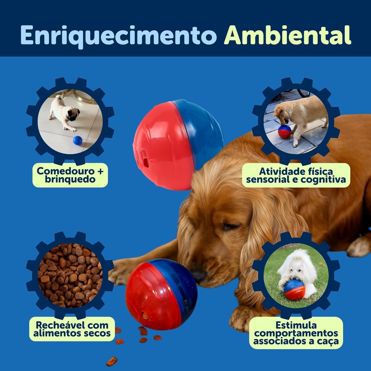 Brinquedo Pet Games Pet Ball azul e vermelho com abertura para petiscos e ração.