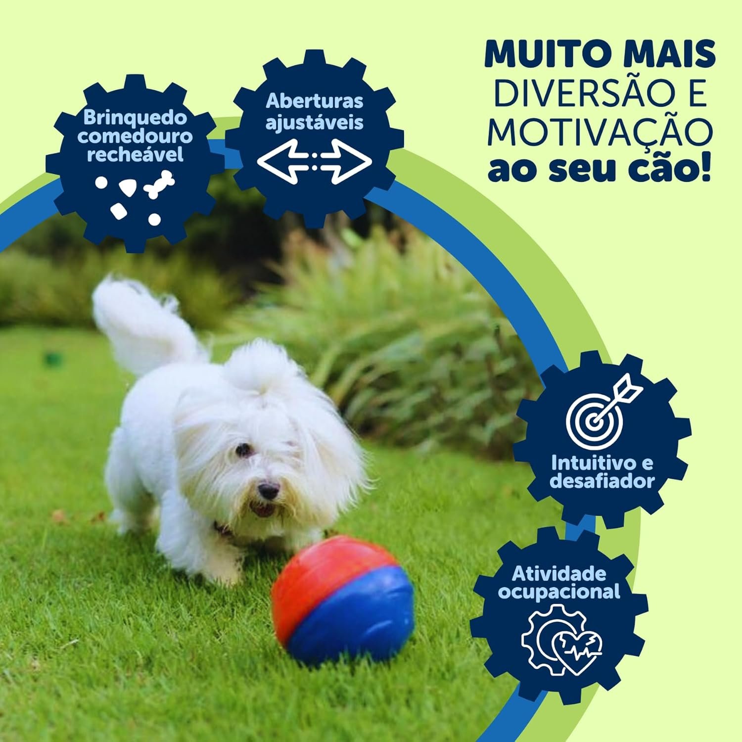 Brinquedo Pet Games Pet Ball azul e vermelho com abertura para petiscos e ração.